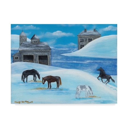 Cheryl Bartley 'Horses In Snow By River Folk Art' Canvas Art,14x19